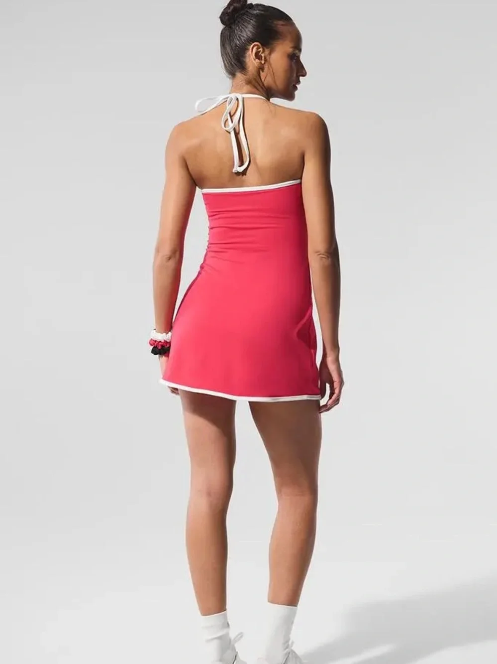 ALO Yoga Softsculpt Halter Tennis Dress in Candy Red/White Size Medium